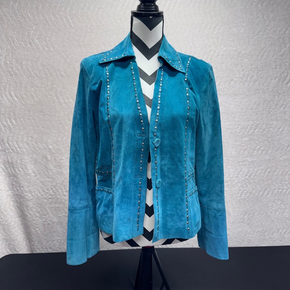 Pations Collections Teal Blue Suede Studded Laser Cut Western Jacket Womens M